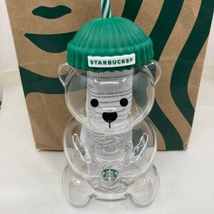 Authentic Starbucks Bearista Bear Glass Cold Cup Mug Green Lid & Straw 20 oz NWT